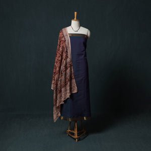 Blue - Mangalagiri Handwoven 2pc Cotton Unstitched Dress Material Kurta Set with Jewellery 10