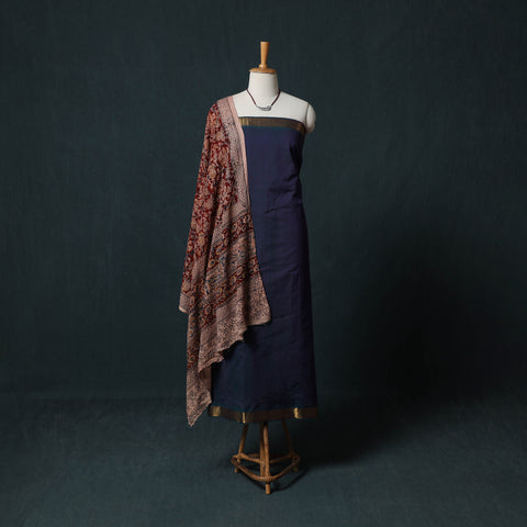 Blue - Mangalagiri Handwoven 2pc Cotton Unstitched Dress Material Kurta Set with Jewellery 10
