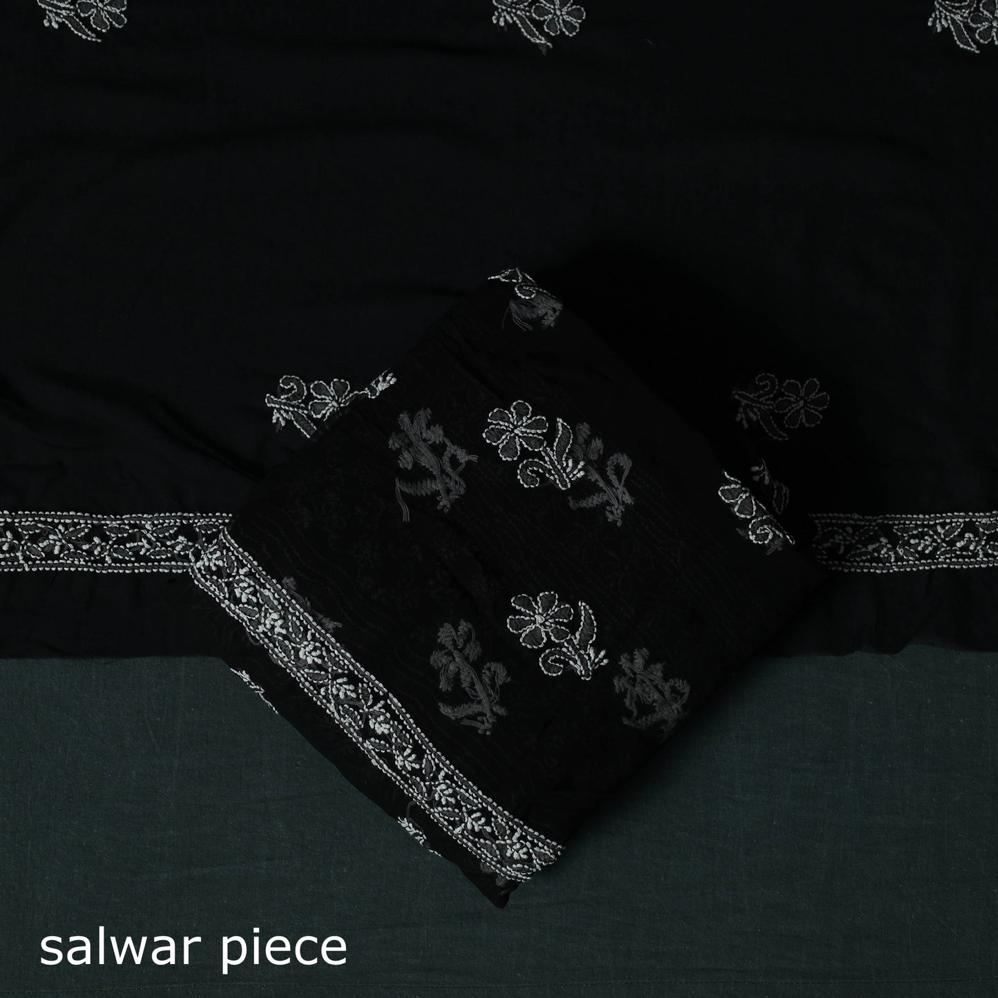Black - Lucknowi Chikankari Hand Embroidered Georgette 3pc Unstitched Dress Material Suit Set 13