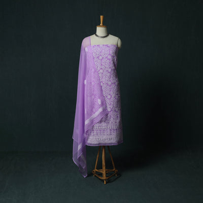 Purple - Lucknowi Chikankari Hand Embroidered Georgette 3pc Unstitched Dress Material Suit Set 14