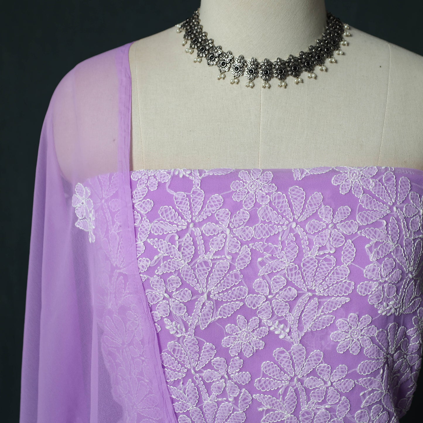 Purple - Lucknowi Chikankari Hand Embroidered Georgette 3pc Unstitched Dress Material Suit Set 14