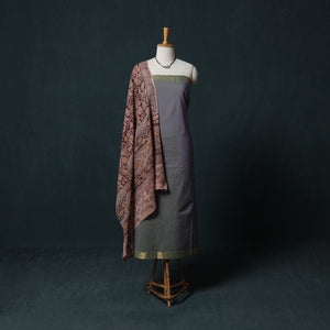 Grey - Mangalagiri Handwoven 2pc Cotton Unstitched Dress Material Kurta Set with Jewellery 11