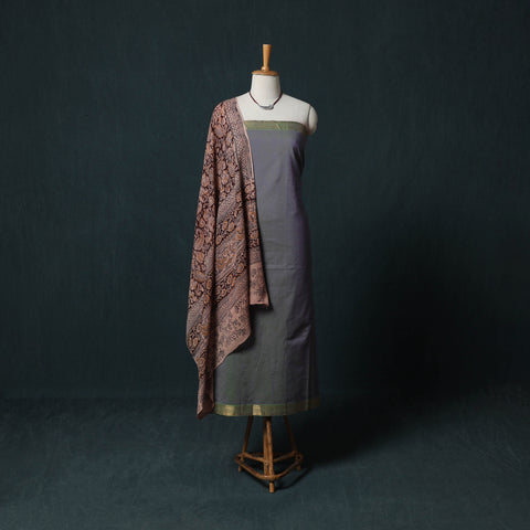 Grey - Mangalagiri Handwoven 2pc Cotton Unstitched Dress Material Kurta Set with Jewellery 11