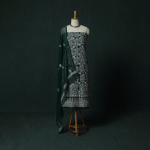 Green - Lucknowi Chikankari Hand Embroidered Georgette 3pc Unstitched Dress Material Suit Set 15