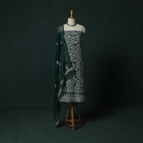 Green - Lucknowi Chikankari Hand Embroidered Georgette 3pc Unstitched Dress Material Suit Set 15