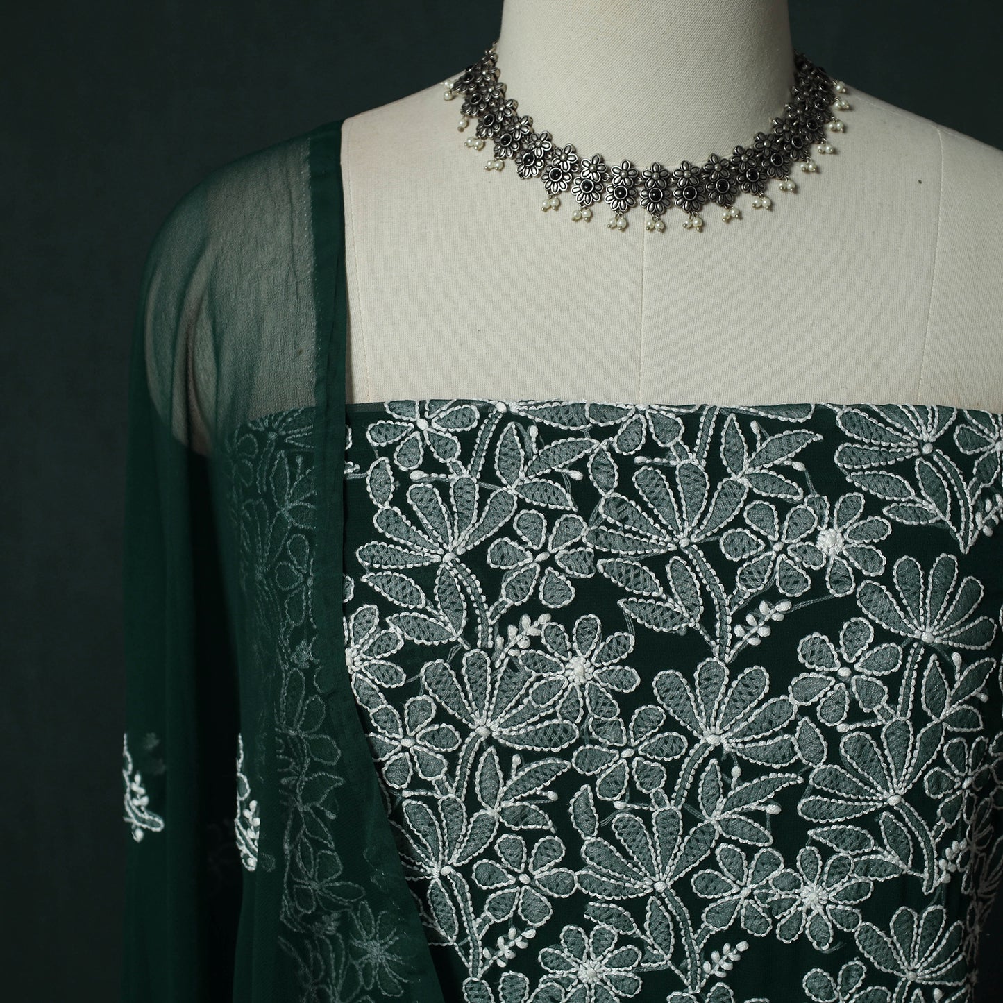 Green - Lucknowi Chikankari Hand Embroidered Georgette 3pc Unstitched Dress Material Suit Set 15
