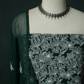 Green - Lucknowi Chikankari Hand Embroidered Georgette 3pc Unstitched Dress Material Suit Set 15