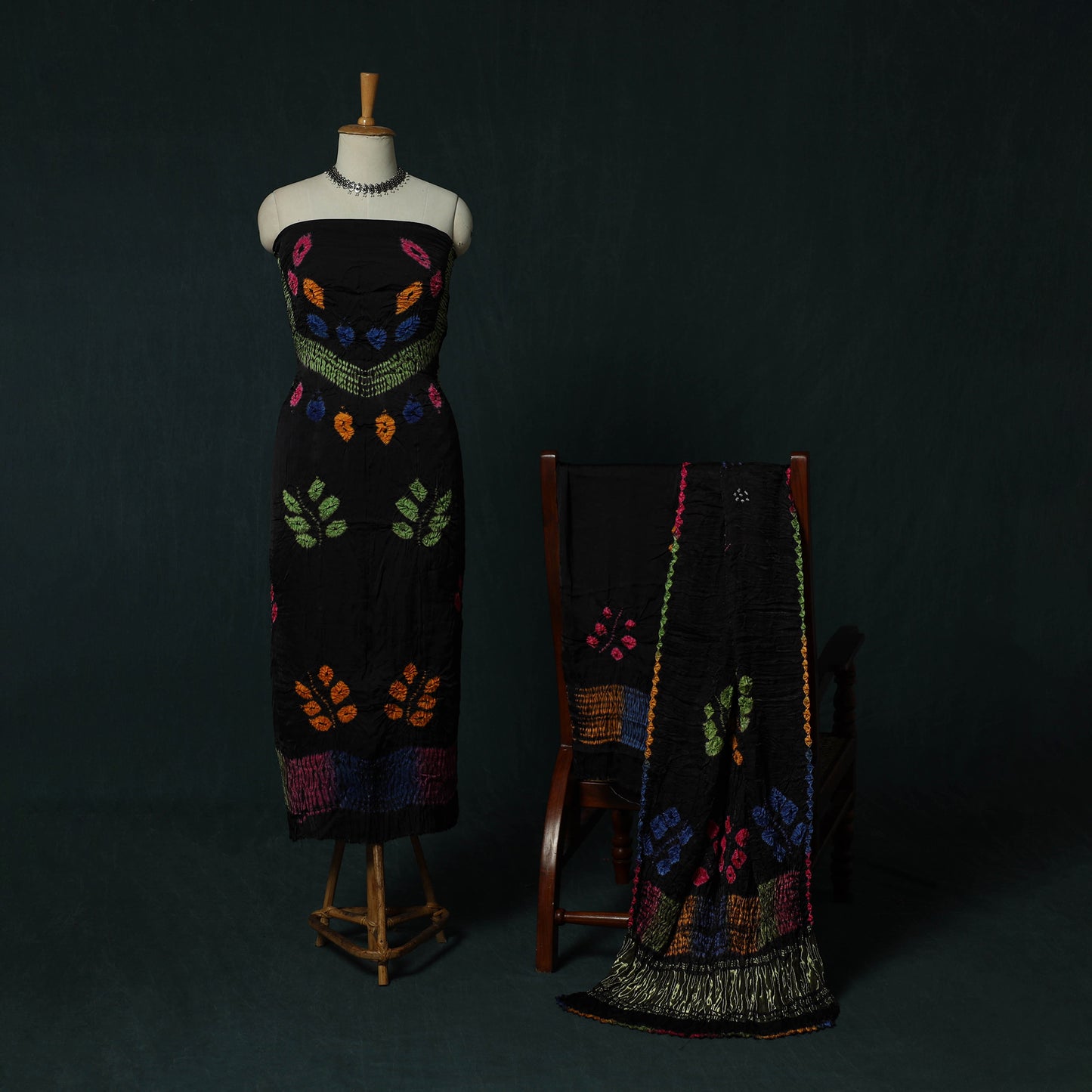 Kutch Bandhani Shibori Tie-Dye Modal Silk 3pc Unstitched Dress Material Suit Set 18