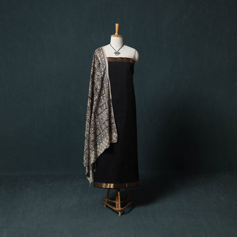 Black - Mangalagiri Handwoven 2pc Cotton Unstitched Dress Material Kurta Set with Jewellery 13
