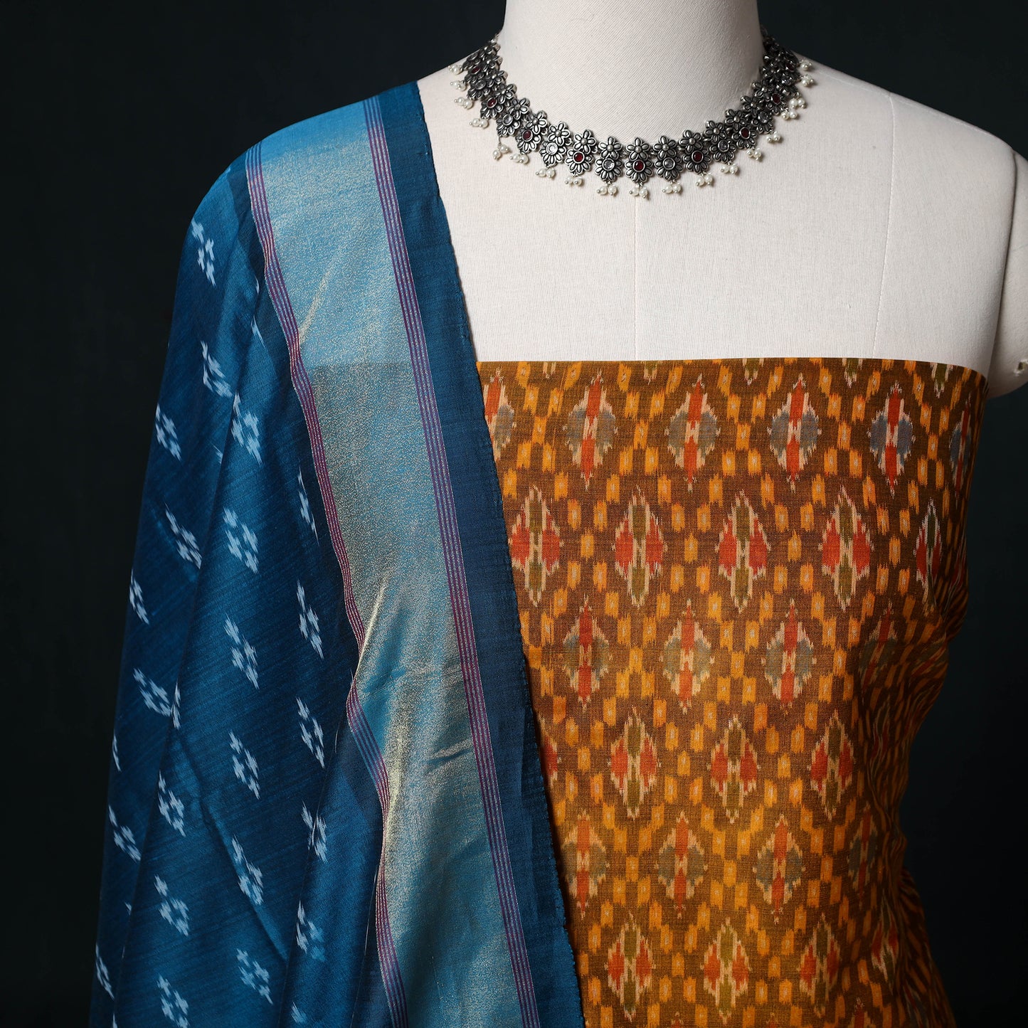 Pochampally Ikat Handloom Sico 2pc Unstitched Dress Material Kurta Set 08