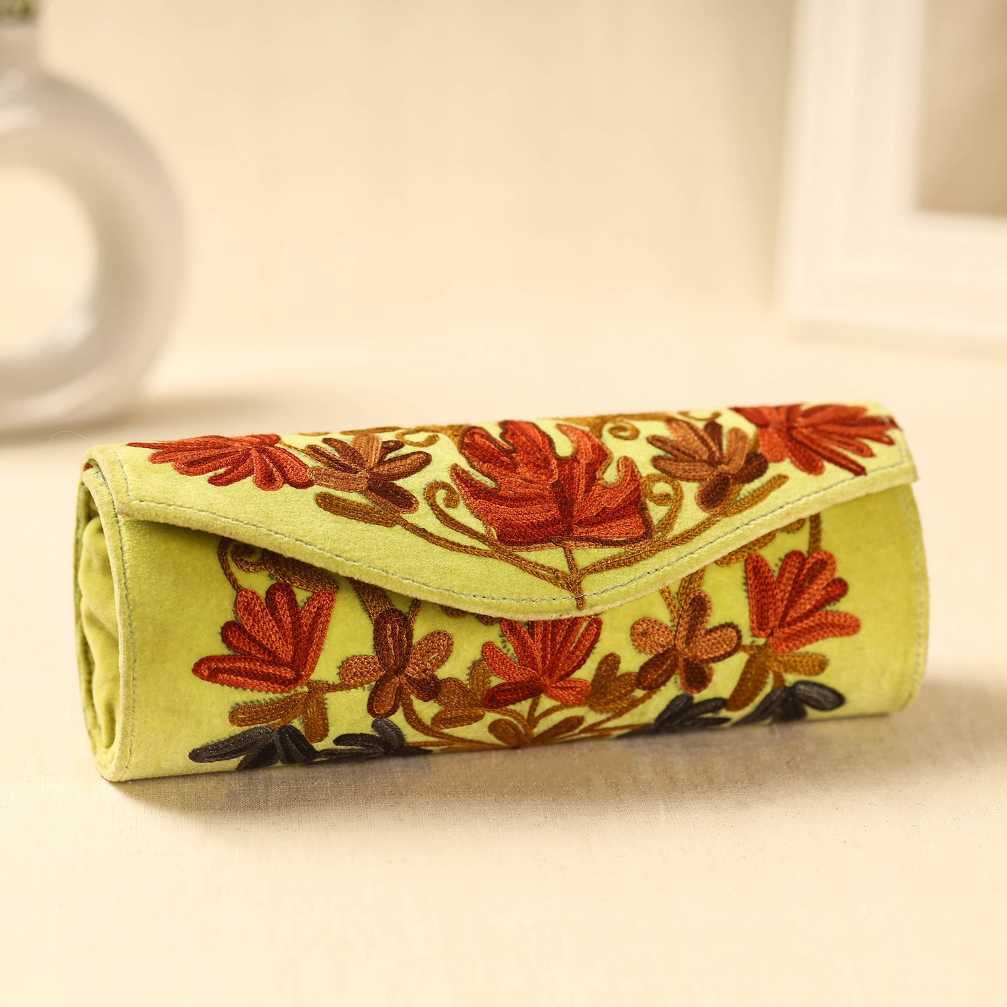 Yellow Kashmiri Crewel Hand Embroidery Velvet Clutch