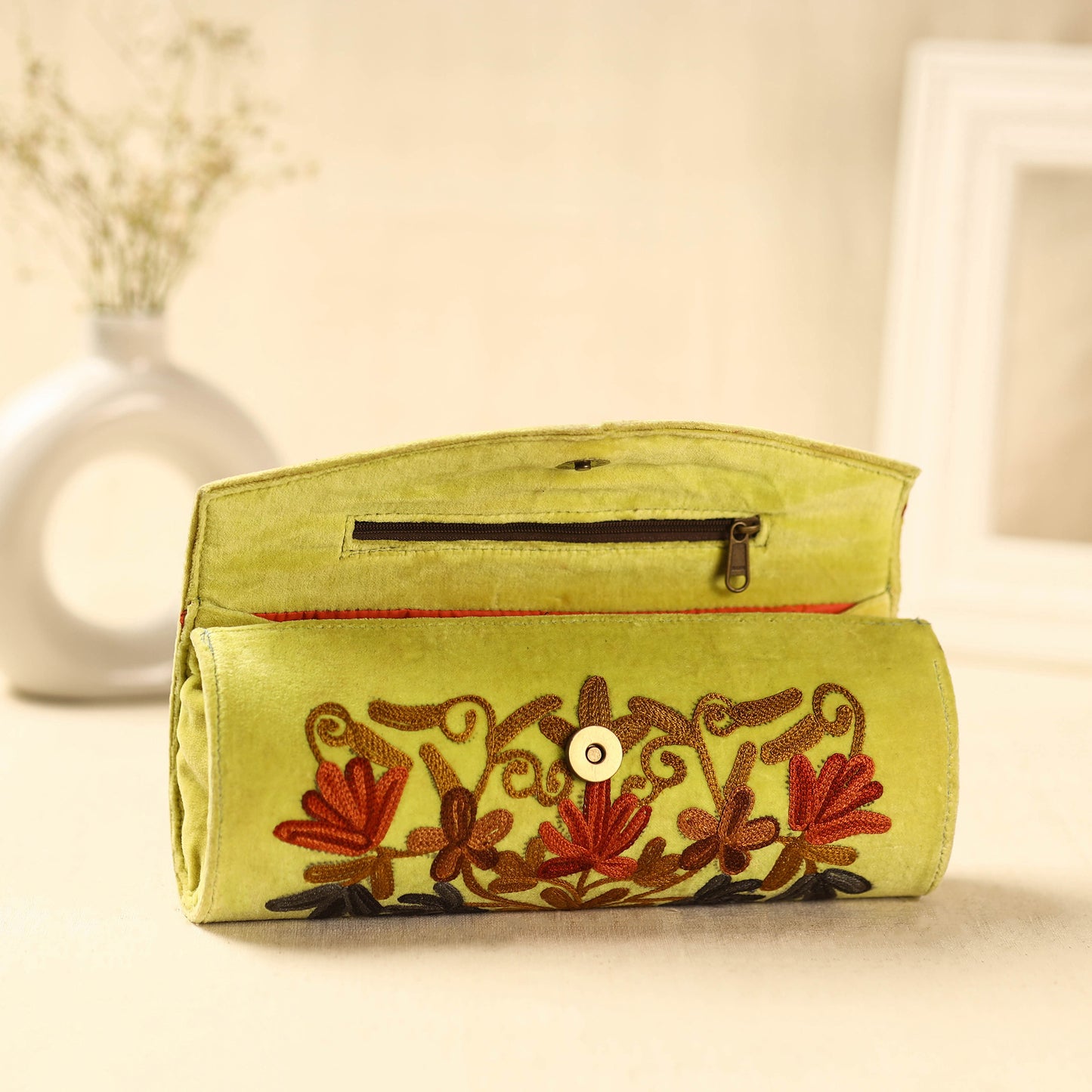 Yellow Kashmiri Crewel Hand Embroidery Velvet Clutch