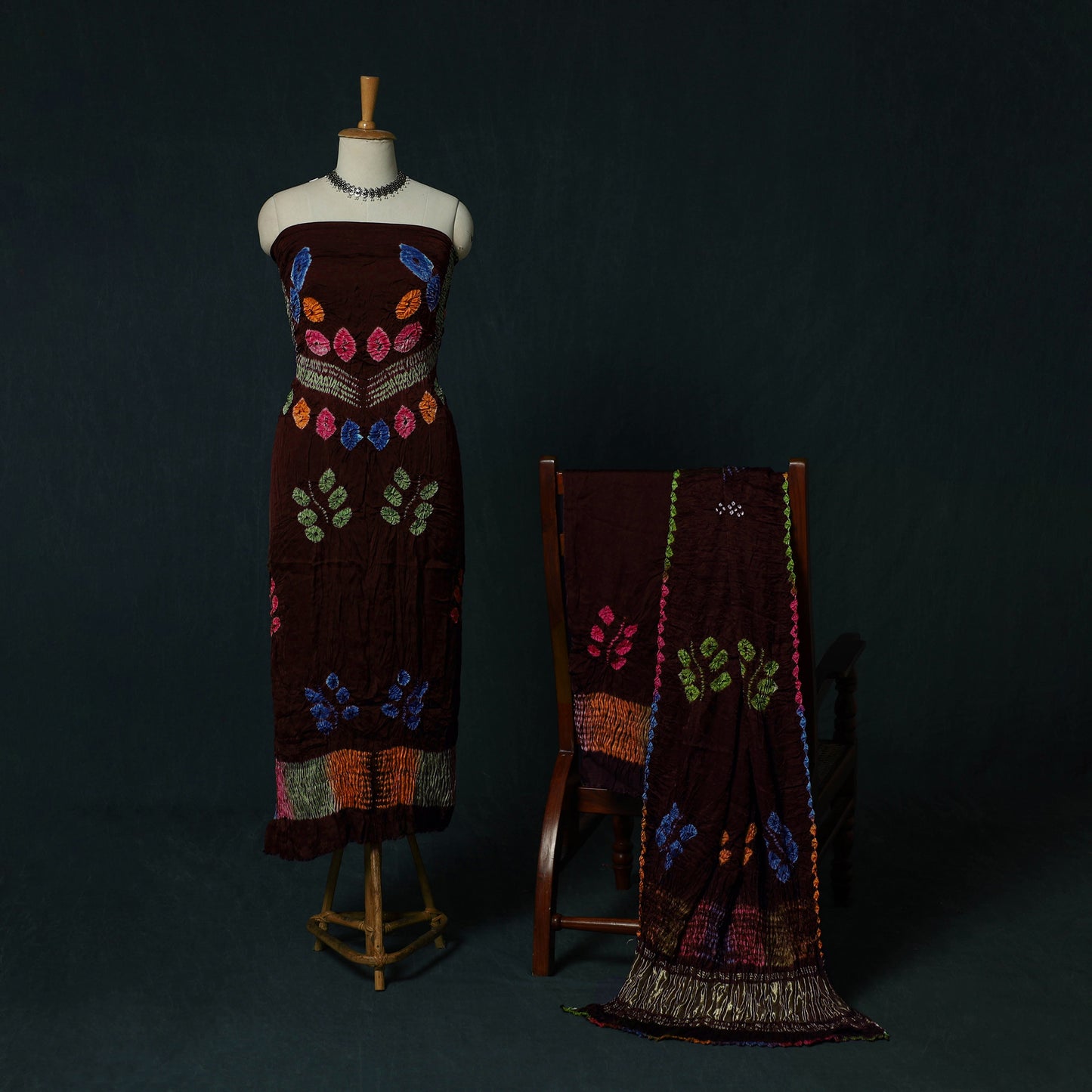 Kutch Bandhani Shibori Tie-Dye Modal Silk 3pc Unstitched Dress Material Suit Set 20
