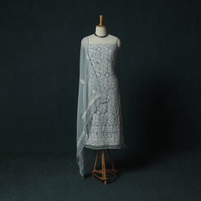 Grey - Gray - Lucknowi Chikankari Hand Embroidered Georgette 3pc Unstitched Dress Material Suit Set 17
