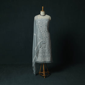 Grey - Gray - Lucknowi Chikankari Hand Embroidered Georgette 3pc Unstitched Dress Material Suit Set 17