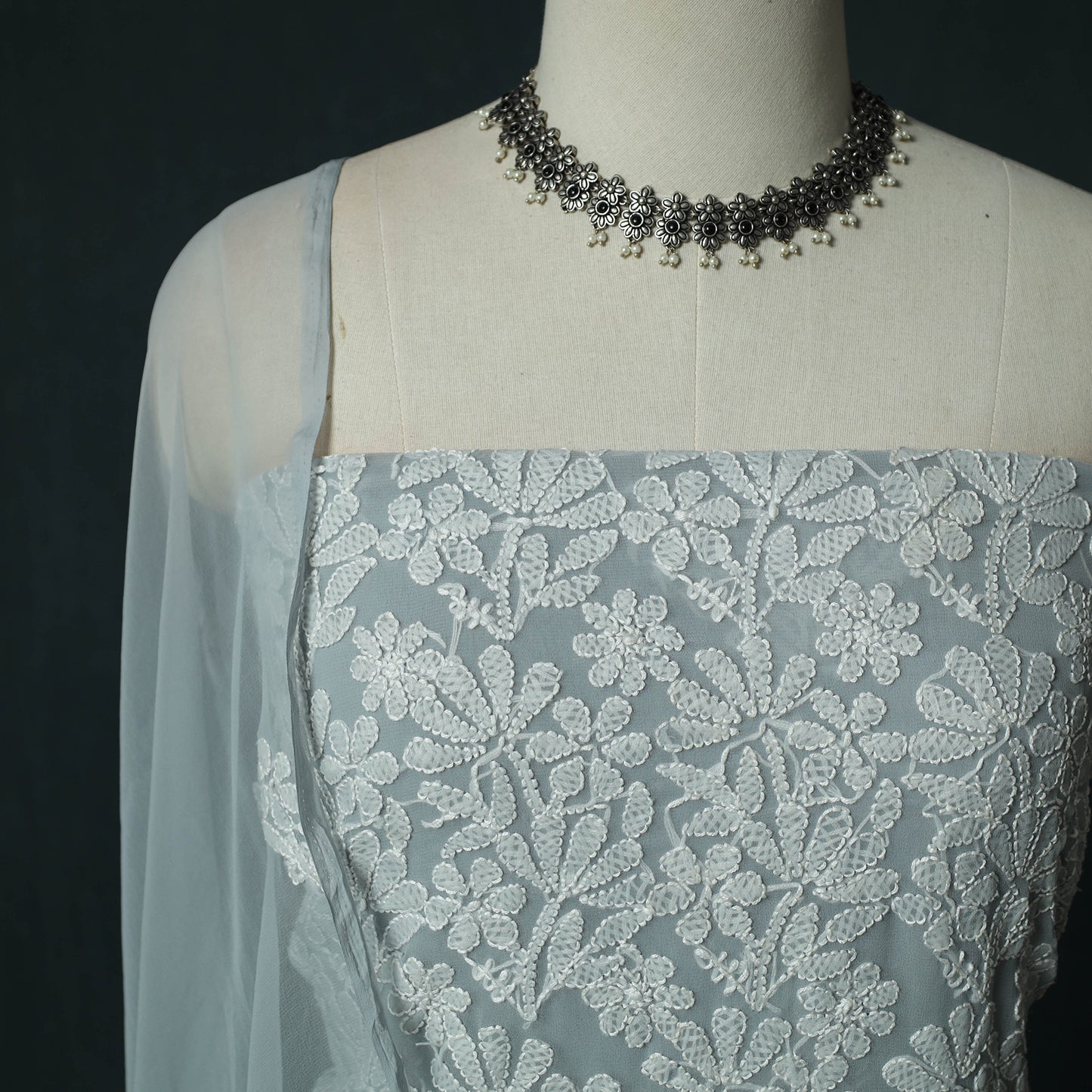 Grey - Gray - Lucknowi Chikankari Hand Embroidered Georgette 3pc Unstitched Dress Material Suit Set 17
