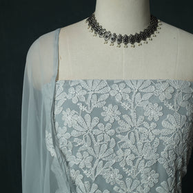 Grey - Gray - Lucknowi Chikankari Hand Embroidered Georgette 3pc Unstitched Dress Material Suit Set 17