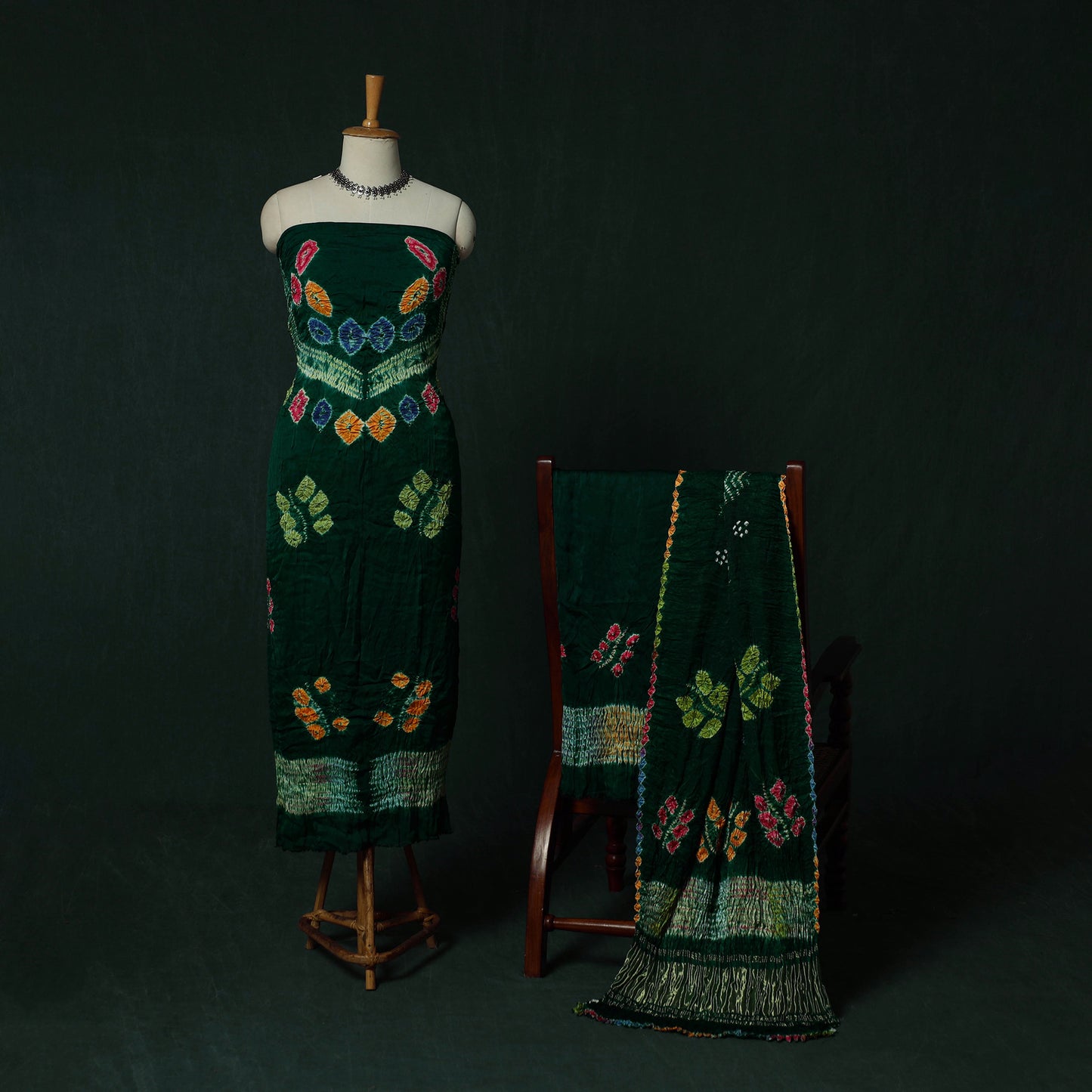 Kutch Bandhani Shibori Tie-Dye Modal Silk 3pc Unstitched Dress Material Suit Set 21