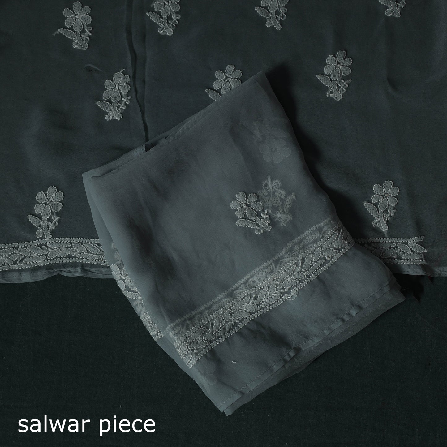 Grey - Gray - Lucknowi Chikankari Hand Embroidered Georgette 3pc Unstitched Dress Material Suit Set 17