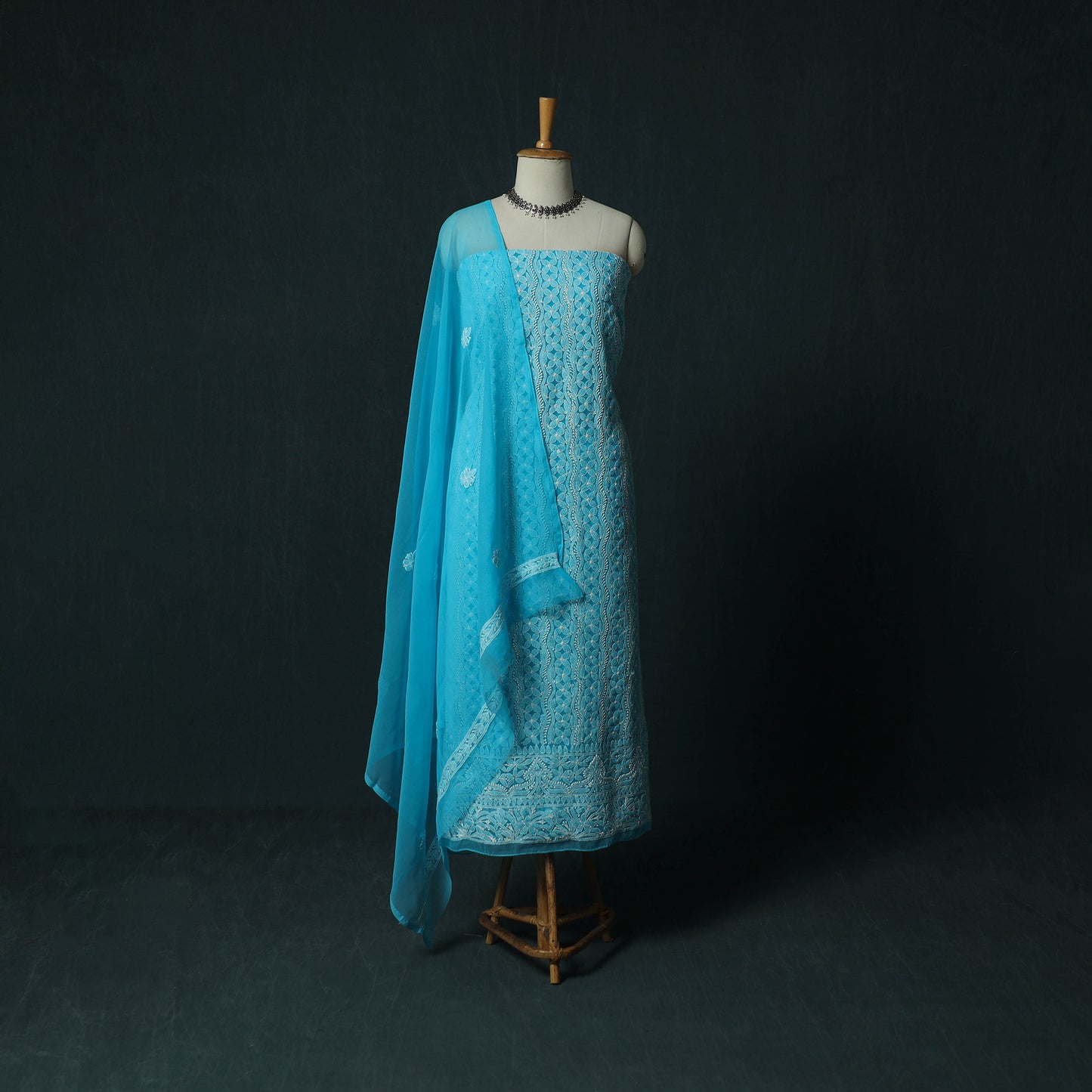 Blue - Lucknowi Chikankari Hand Embroidered Georgette 3pc Unstitched Dress Material Suit Set 18