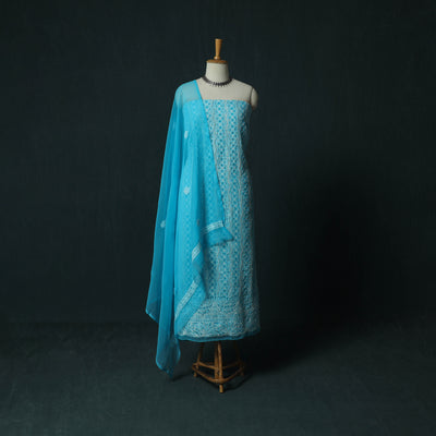 Blue - Lucknowi Chikankari Hand Embroidered Georgette 3pc Unstitched Dress Material Suit Set 18