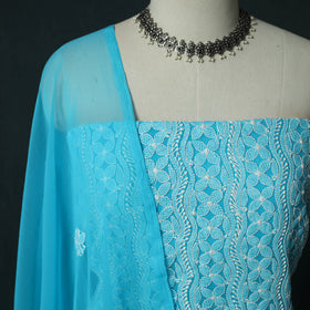 Blue - Lucknowi Chikankari Hand Embroidered Georgette 3pc Unstitched Dress Material Suit Set 18