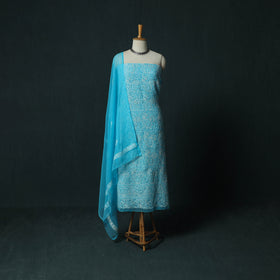 Blue - Lucknowi Chikankari Hand Embroidered Georgette 3pc Unstitched Dress Material Suit Set 19