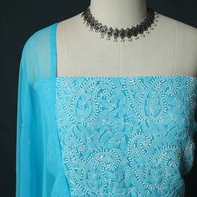 Blue - Lucknowi Chikankari Hand Embroidered Georgette 3pc Unstitched Dress Material Suit Set 19