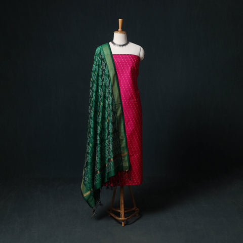 Pink - Pochampally Ikat Handloom Sico 2pc Unstitched Dress Material Kurta Set 14