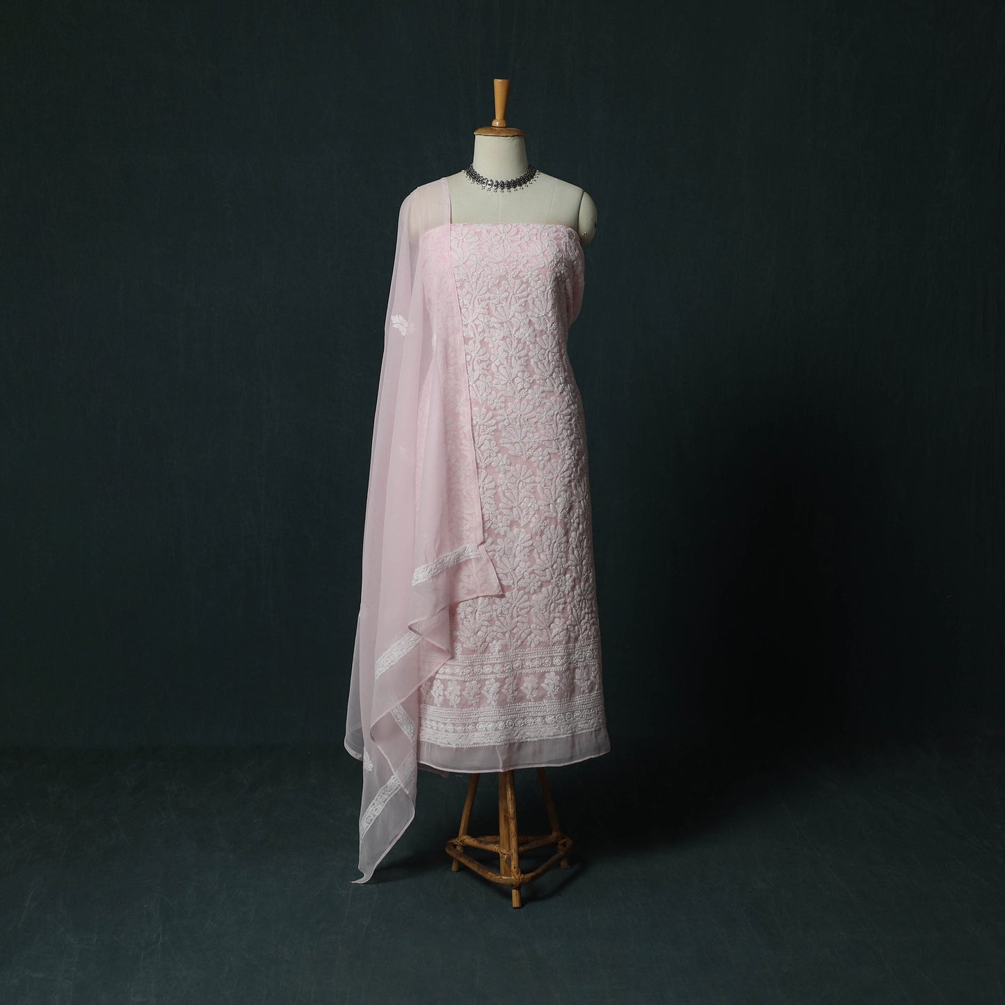 Lucknowi Chikankari Hand Embroidered Georgette 3pc Unstitched Dress Material Suit Set 20