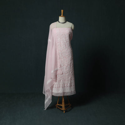Lucknowi Chikankari Hand Embroidered Georgette 3pc Unstitched Dress Material Suit Set 20