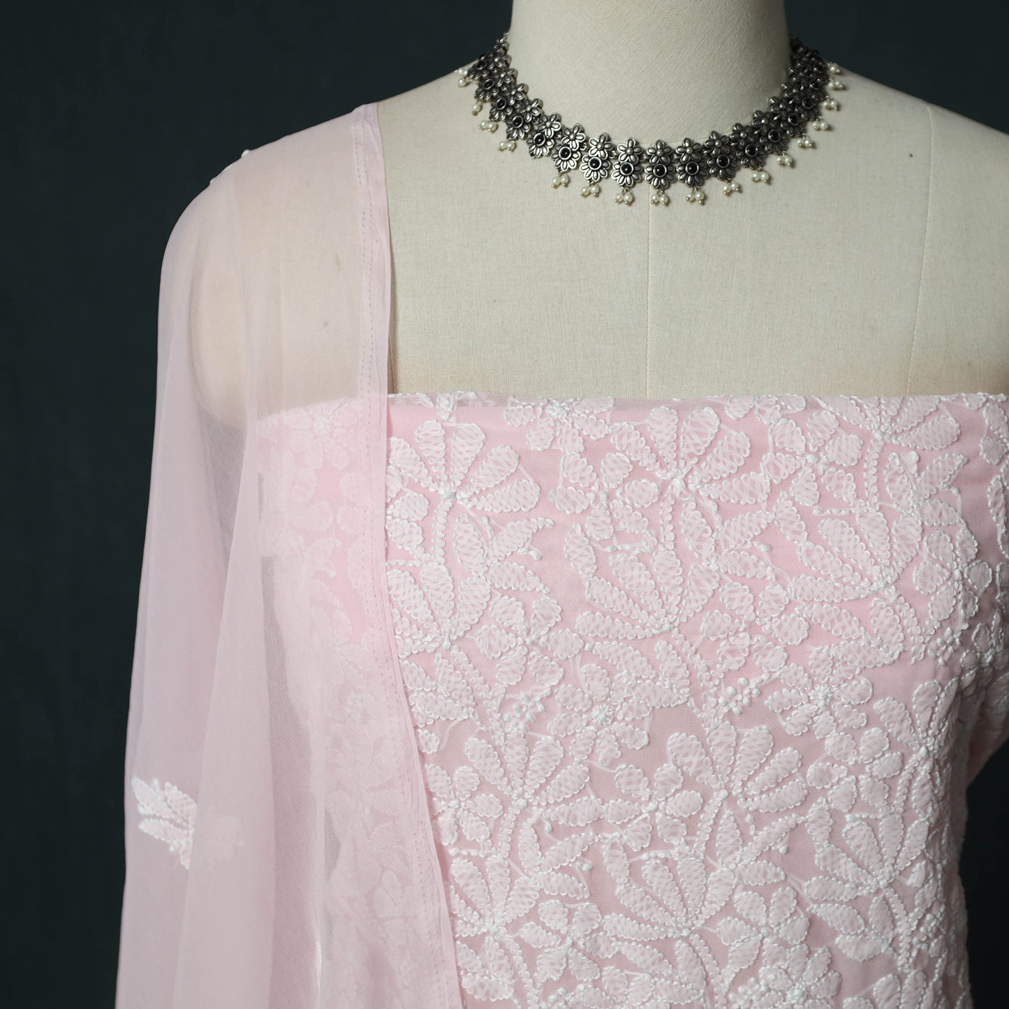 Lucknowi Chikankari Hand Embroidered Georgette 3pc Unstitched Dress Material Suit Set 20