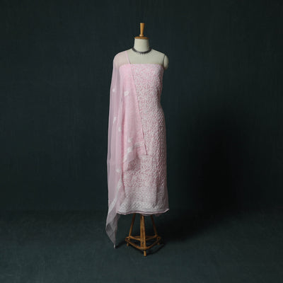 Lucknowi Chikankari Hand Embroidered Georgette 3pc Unstitched Dress Material Suit Set 21