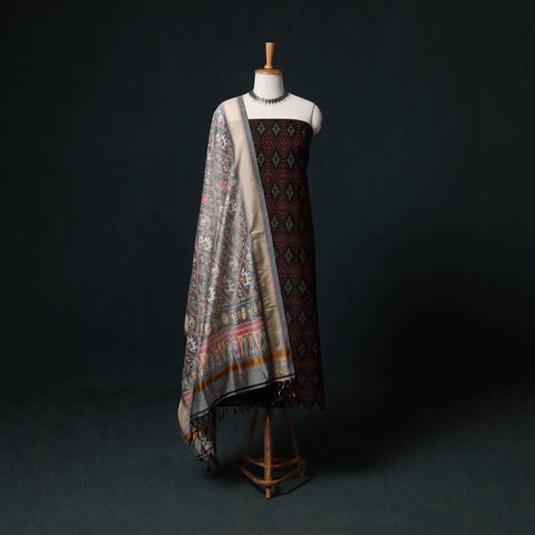 Maroon - Pochampally Ikat Handloom Sico 2pc Unstitched Dress Material Kurta Set 17