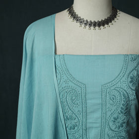 Blue - Lucknowi Chikankari Hand Embroidered Cotton 3pc Unstitched Dress Material Suit Set 22