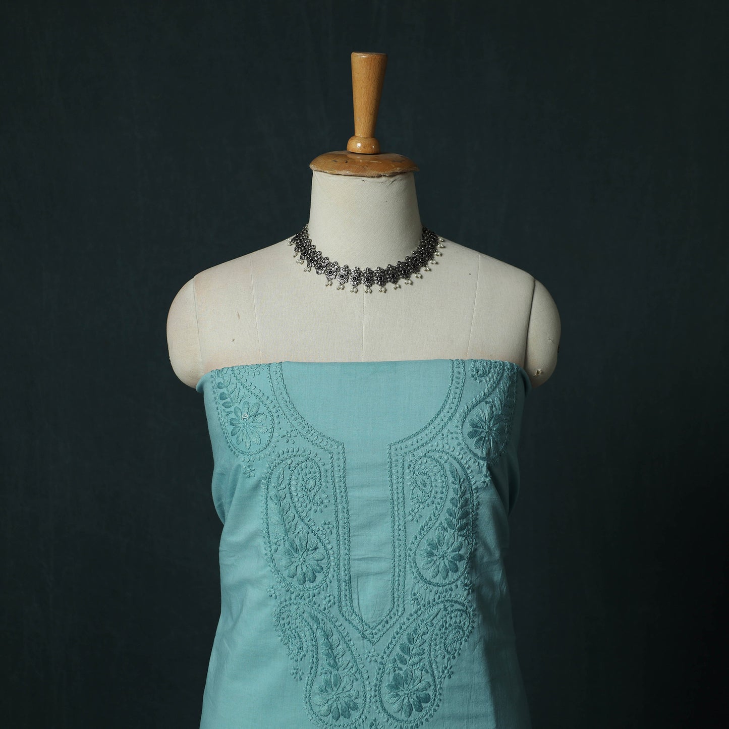 Blue - Lucknowi Chikankari Hand Embroidered Cotton 3pc Unstitched Dress Material Suit Set 22