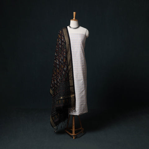 White - Pochampally Ikat Handloom Sico 2pc Unstitched Dress Material Kurta Set 18