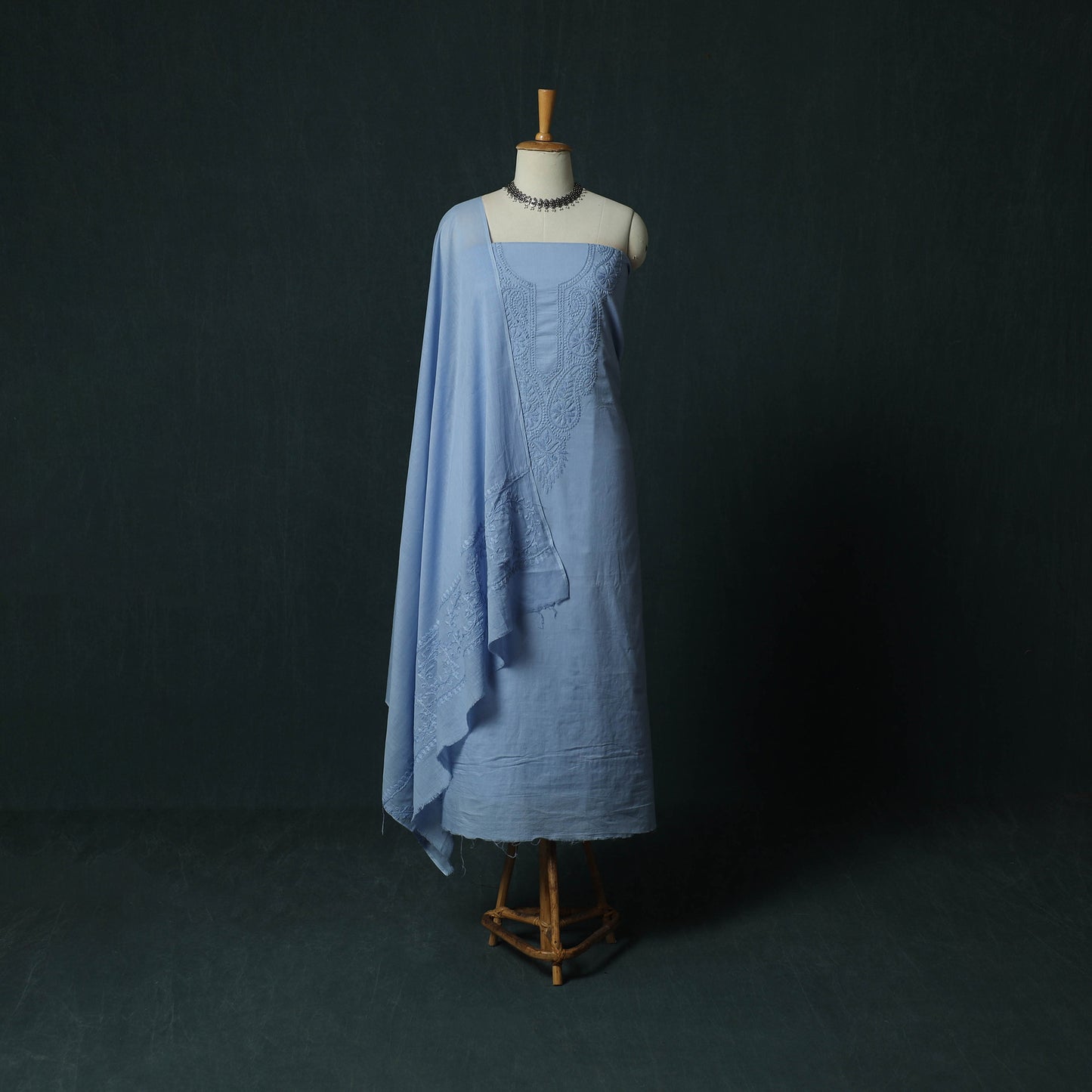 Blue - Lucknowi Chikankari Hand Embroidered Cotton 3pc Unstitched Dress Material Suit Set 23