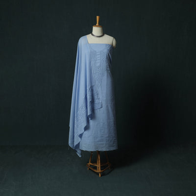 Blue - Lucknowi Chikankari Hand Embroidered Cotton 3pc Unstitched Dress Material Suit Set 23