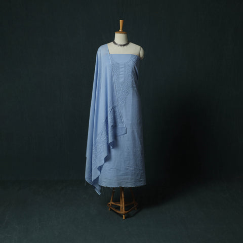 Blue - Lucknowi Chikankari Hand Embroidered Cotton 3pc Unstitched Dress Material Suit Set 23