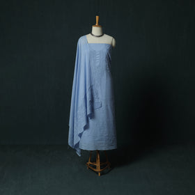 Blue - Lucknowi Chikankari Hand Embroidered Cotton 3pc Unstitched Dress Material Suit Set 23