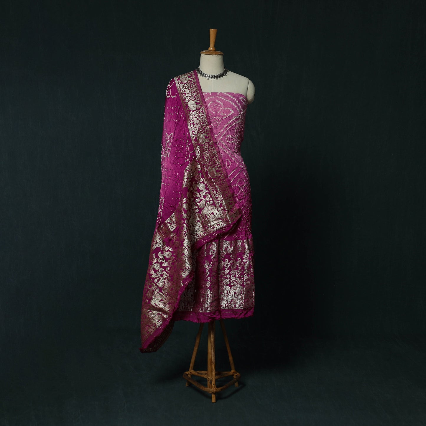 Kutch Bandhani Tie-Dye Modal Silk Heavy Banarasi Zari 3pc Unstitched Dress Material Suit Set 41