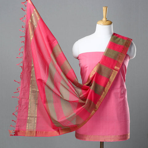 Pink - 3pc Handloom Cotton Mangalagiri Dress Material 16