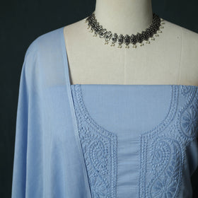 Blue - Lucknowi Chikankari Hand Embroidered Cotton 3pc Unstitched Dress Material Suit Set 23