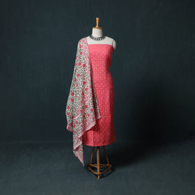 Kutch Bandhani Cotton 2pc Unstitched Dress Material Kurta Set with Earrings 01