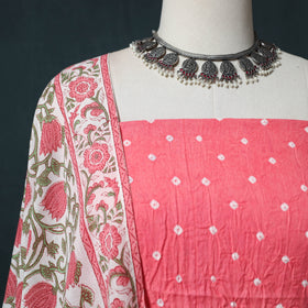 Kutch Bandhani Cotton 2pc Unstitched Dress Material Kurta Set with Earrings 01