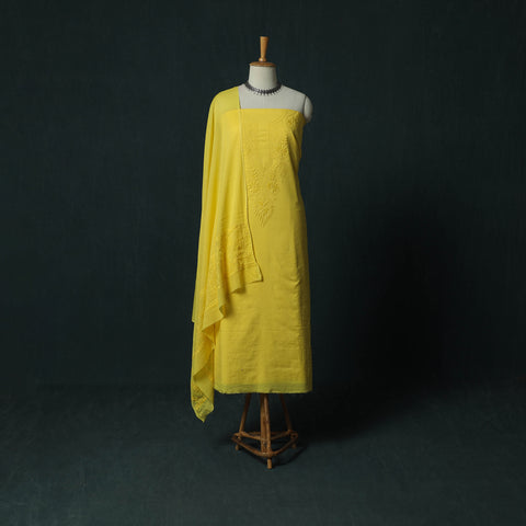 Yellow - Lucknowi Chikankari Hand Embroidered Cotton 3pc Unstitched Dress Material Suit Set 24