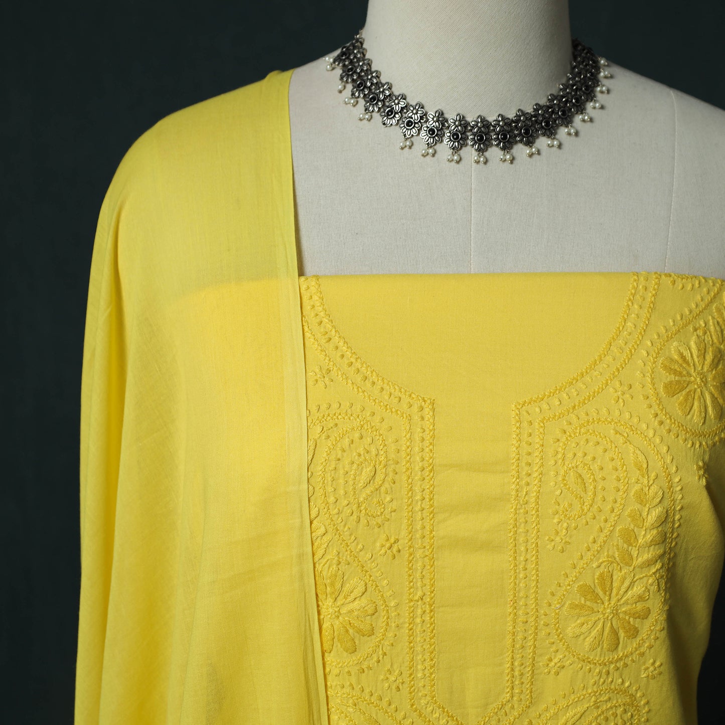 Yellow - Lucknowi Chikankari Hand Embroidered Cotton 3pc Unstitched Dress Material Suit Set 24