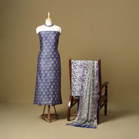 Maheshwari Silk Sanganeri Hand Block Print 3pc Unstitched Dress Material 02