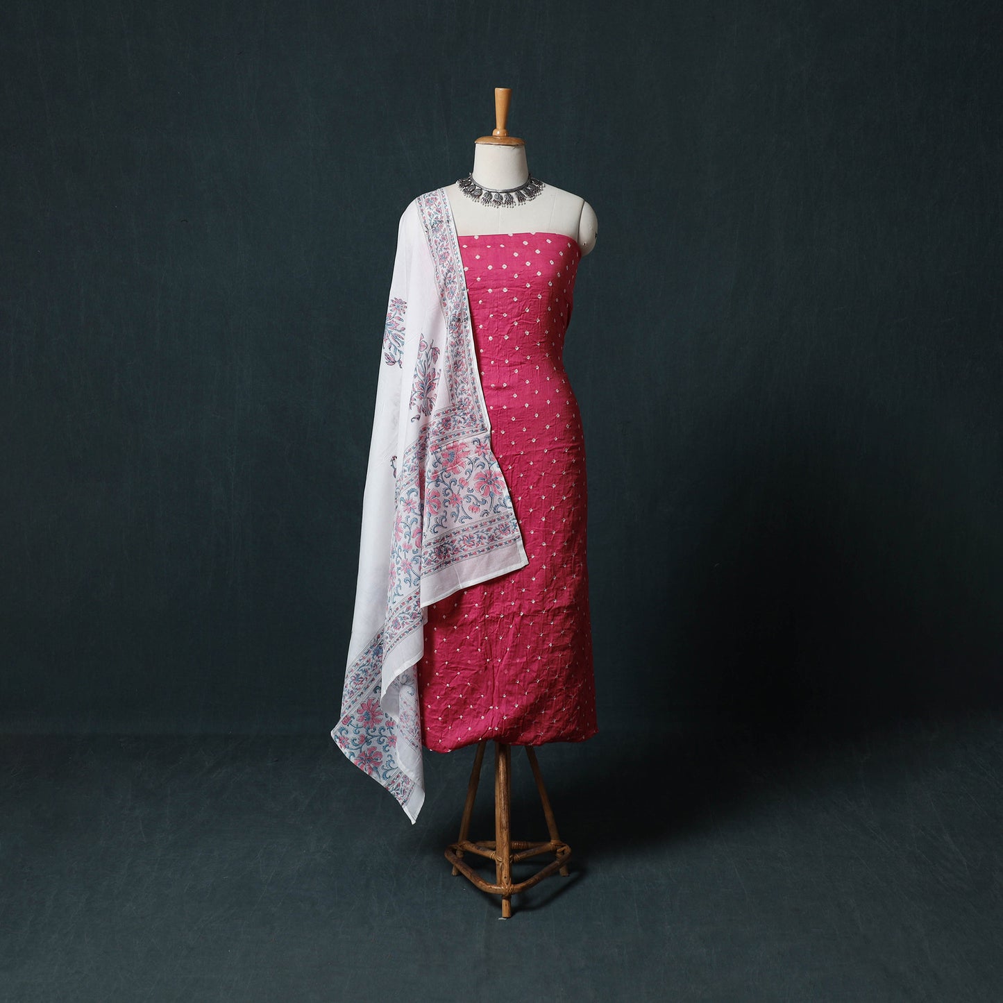 Kutch Bandhani Cotton 2pc Unstitched Dress Material Kurta Set with Earrings 02